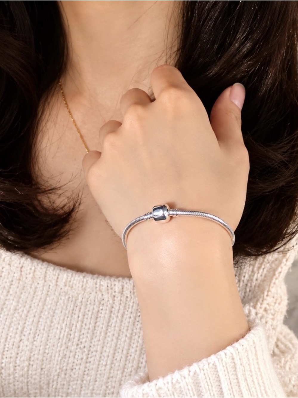 S925 Sterling Silver Snake Chain Charm Bracelet | Classic Barrel Clasp Bangle